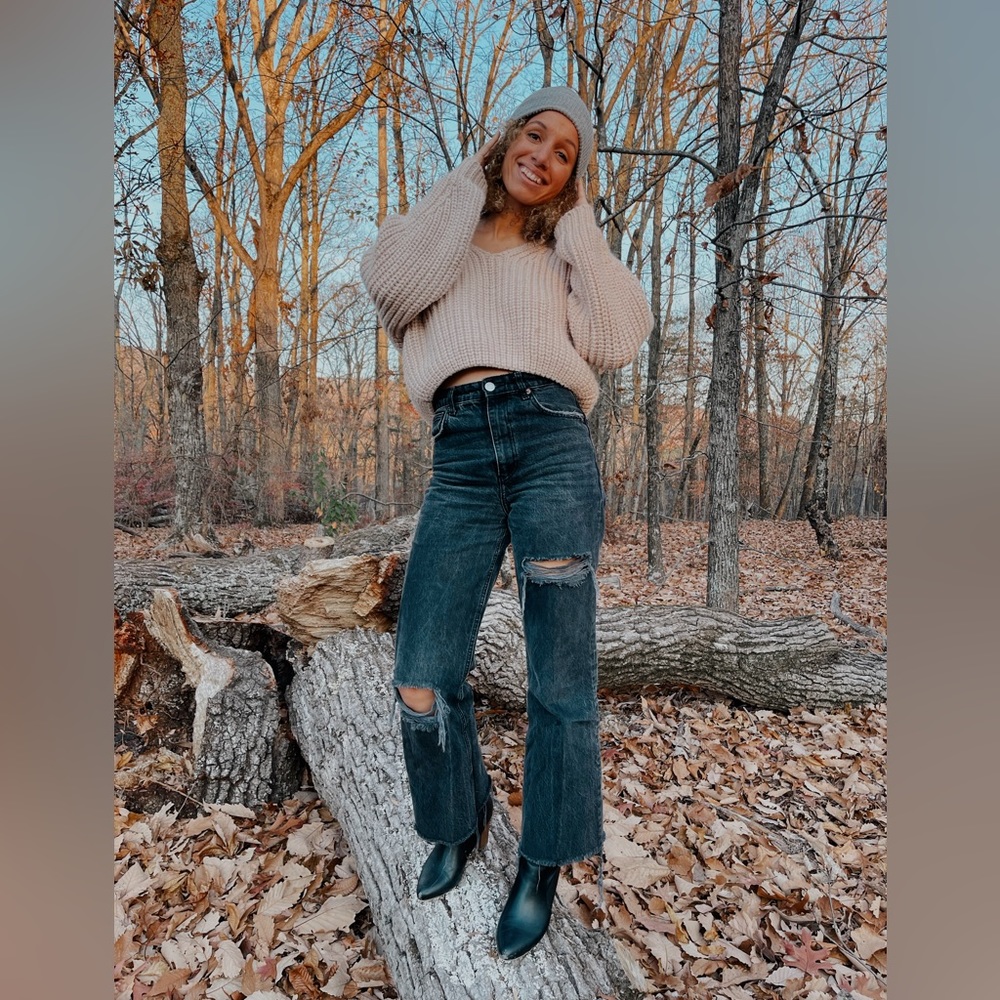 Zara high waisted wide leg distressed jeans.